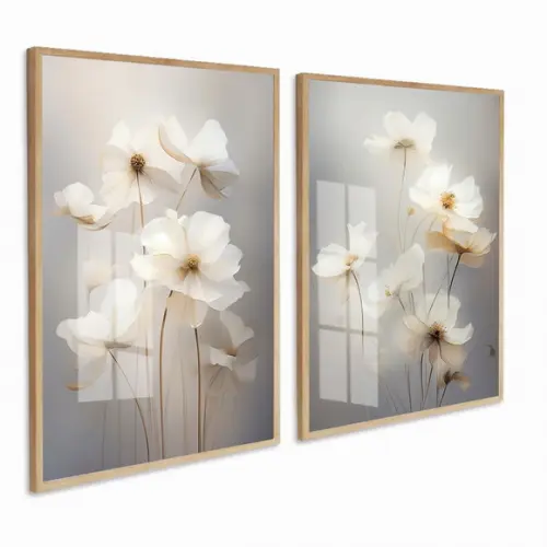 Kit 2 Quadros Decorativos Flores Brancas Luxo Moldura Vidro