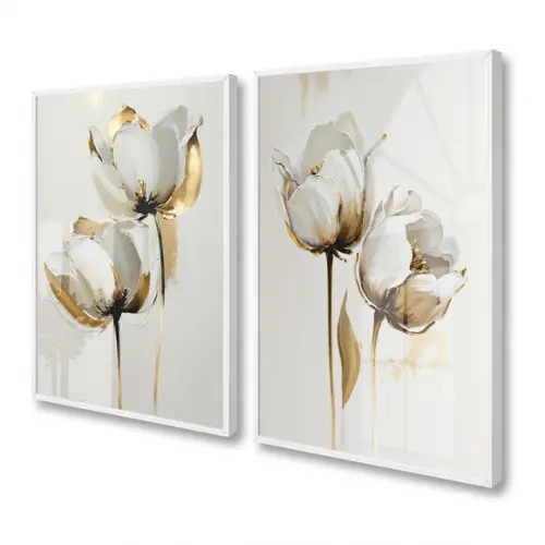 Kit 2 Quadros Decorativos Flores Brancas Gold Moldura Vidro