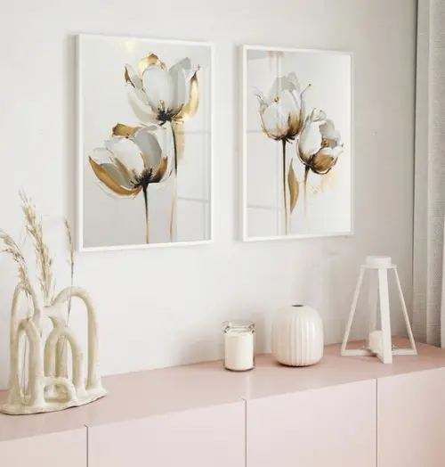 Kit 2 Quadros Decorativos Flores Brancas Gold Moldura Vidro