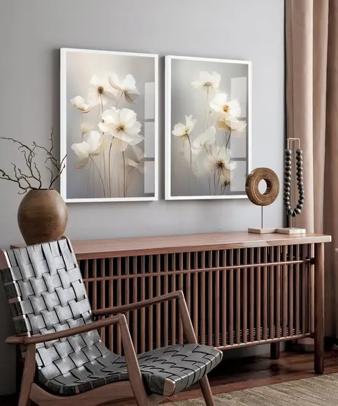 Kit 2 Quadros Decorativos Flores Brancas Modernas com Vidro