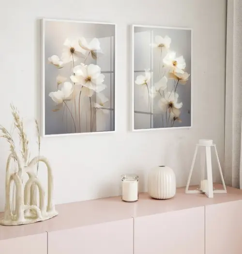 Kit 2 Quadros Decorativos Flores Brancas Modernas com Vidro