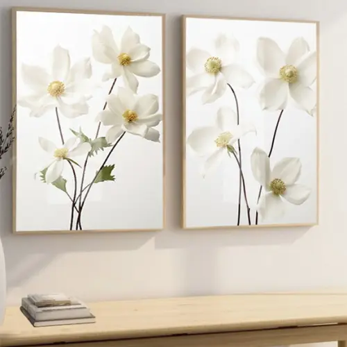 Kit 2 Quadros Decorativos Flores Brancas Sala Hall com Vidro