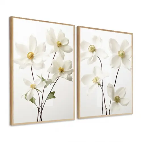 Kit 2 Quadros Decorativos Flores Brancas Sala Hall com Vidro