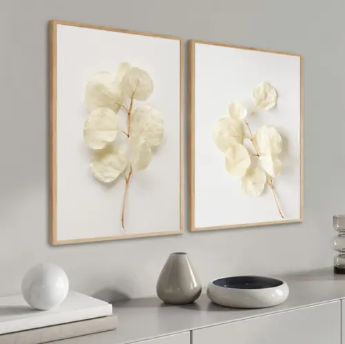 Kit 2 Quadros Decorativos Flores Brancas Para Sala Moldura