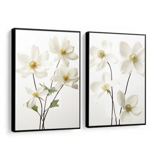 Kit 2 Quadros Decorativos Flores Brancas Sala Moldura Vidro