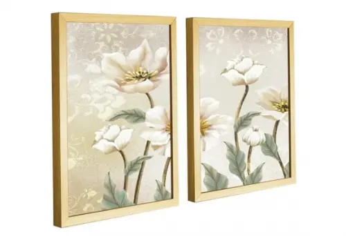Kit 2 Quadros Decorativos Flores Brancas Sala Quarto Moldura