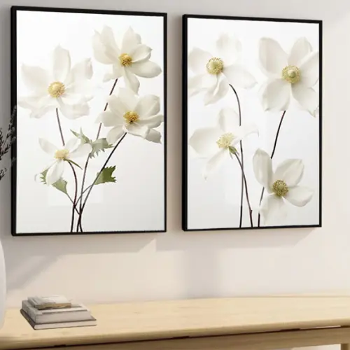 Kit 2 Quadros Decorativos Flores Brancas Sala Moldura Vidro