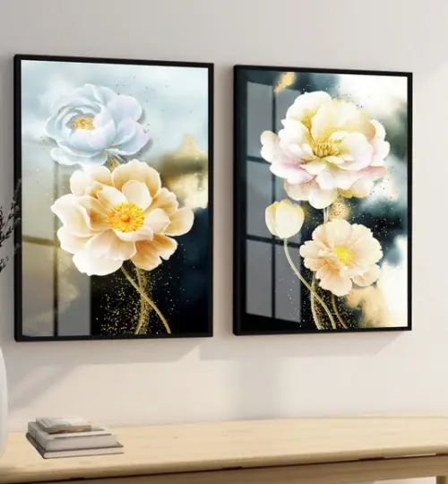 Kit 2 Quadros Decorativos Flores Douradas Com Moldura Vidro