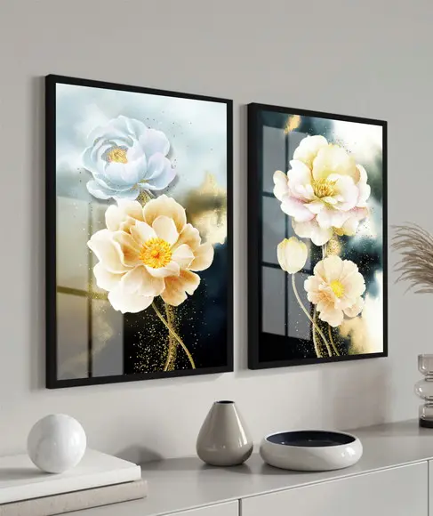 Kit 2 Quadros Decorativos Flores Douradas Com Moldura Vidro