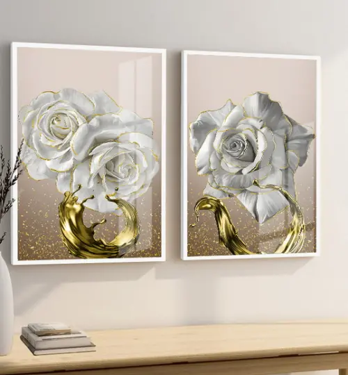 Kit 2 Quadros Decorativos Flores Douradas Com Moldura Vidro