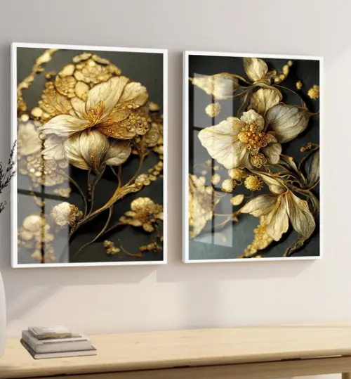 Kit 2 Quadros Decorativos Flores Douradas Com Moldura Vidro