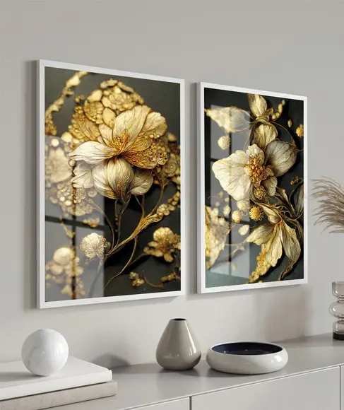 Kit 2 Quadros Decorativos Flores Douradas Com Moldura Vidro