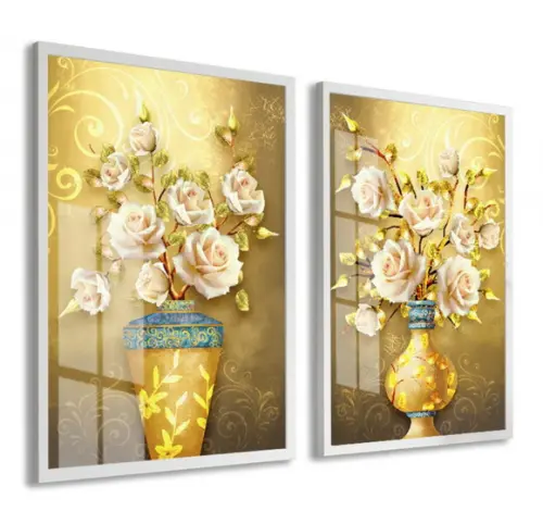 Kit 2 Quadros Decorativos Flores Douradas Com Moldura Vidro