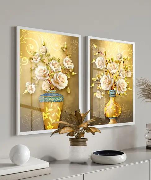 Kit 2 Quadros Decorativos Flores Douradas Com Moldura Vidro