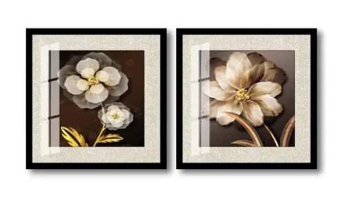 Kit 2 Quadros Decorativos Flores Douradas Com Vidro Moldura