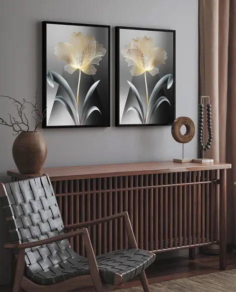Kit 2 Quadros Decorativos Flores Douradas Gold com Moldura