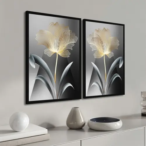 Kit 2 Quadros Decorativos Flores Douradas Gold com Moldura