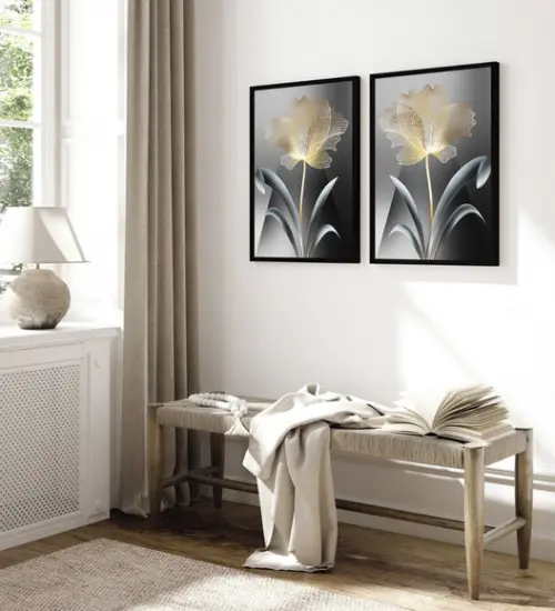 Kit 2 Quadros Decorativos Flores Douradas Gold com Moldura