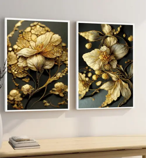 Kit 2 Quadros Decorativos Flores Douradas Gold Com Moldura