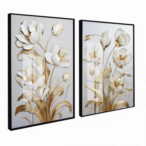 Kit 2 Quadros Decorativos Flores Douradas Gold Luxo Vidro