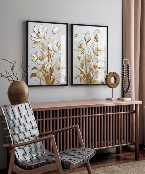 Kit 2 Quadros Decorativos Flores Douradas Gold Luxo Vidro