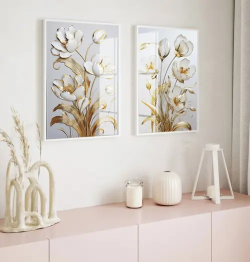 Kit 2 Quadros Decorativos Flores Douradas Gold Luxo Vidro