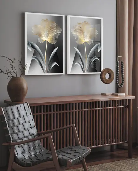 Kit 2 Quadros Decorativos Flores Douradas Gold Moldura Vidro