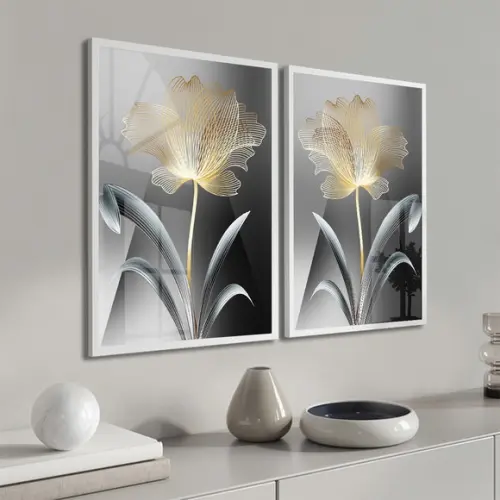 Kit 2 Quadros Decorativos Flores Douradas Gold Moldura Vidro
