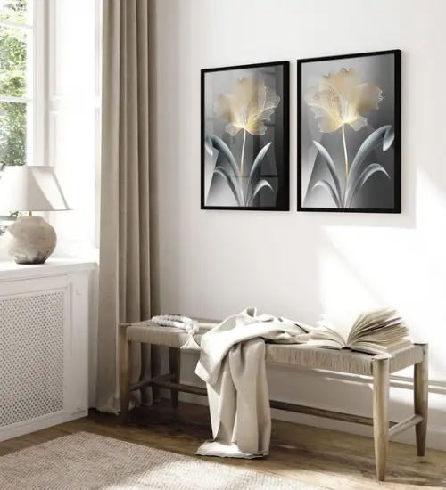 Kit 2 Quadros Decorativos Flores Douradas Gold Moldura Vidro