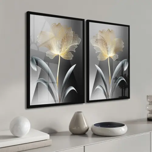 Kit 2 Quadros Decorativos Flores Douradas Gold Moldura Vidro