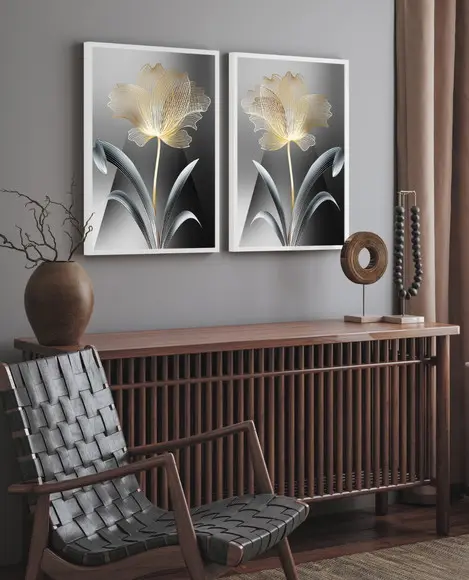 Kit 2 Quadros Decorativos Flores Douradas Modernas Moldura