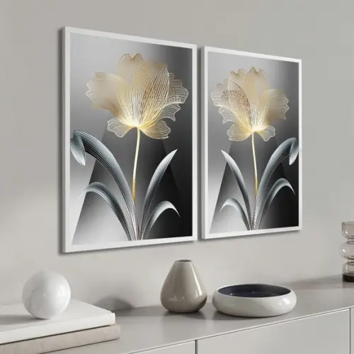 Kit 2 Quadros Decorativos Flores Douradas Modernas Moldura