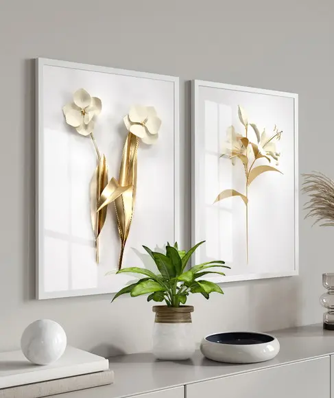 Kit 2 Quadros Decorativos Flores Douradas Moldura e Vidro