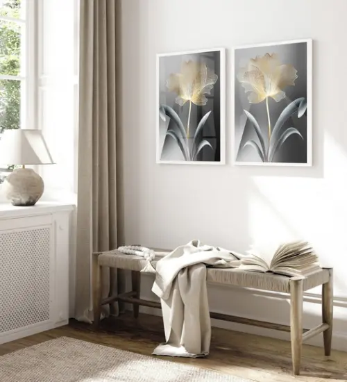Kit 2 Quadros Decorativos Flores Douradas Modernas Moldura