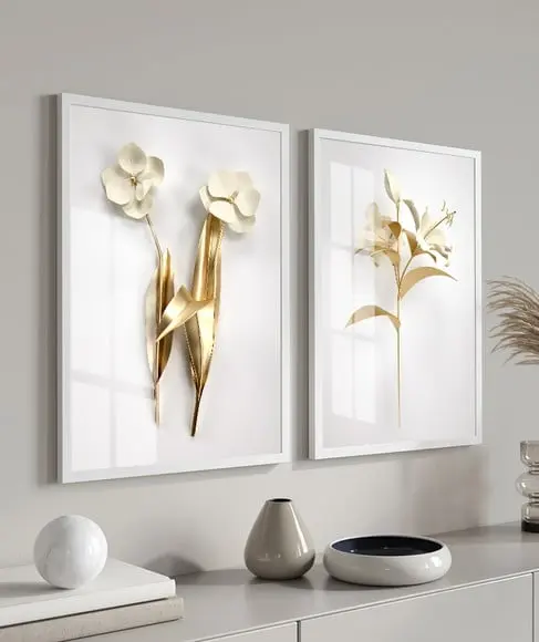 Kit 2 Quadros Decorativos Flores Douradas Moldura e Vidro