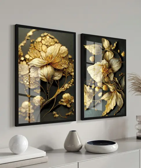 Kit 2 Quadros Decorativos Flores Douradas Moldura E Vidro