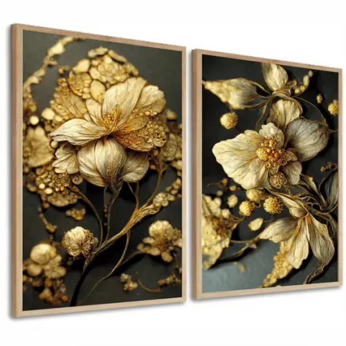 Kit 2 Quadros Decorativos Flores Douradas Para Sala Moldura
