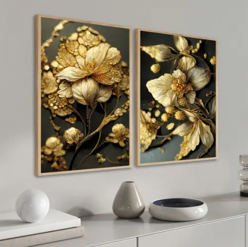 Kit 2 Quadros Decorativos Flores Douradas Para Sala Moldura