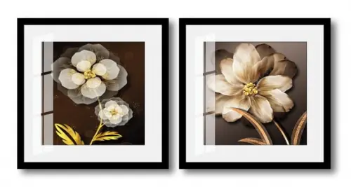 Kit 2 Quadros Decorativos Flores Douradas Sala Vidro Moldura