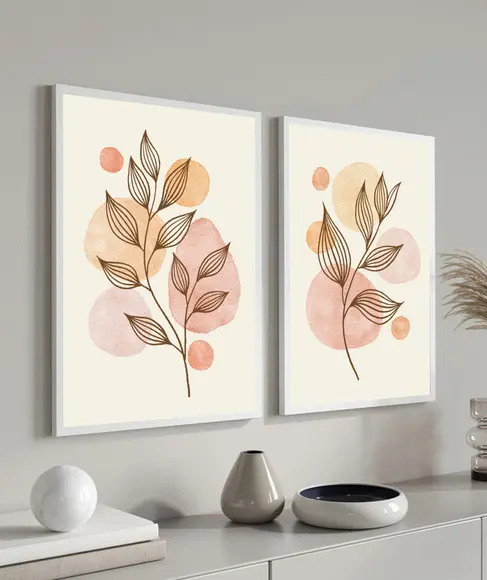 Kit 2 Quadros Decorativos Flores Folhagem Abstrato Moldura