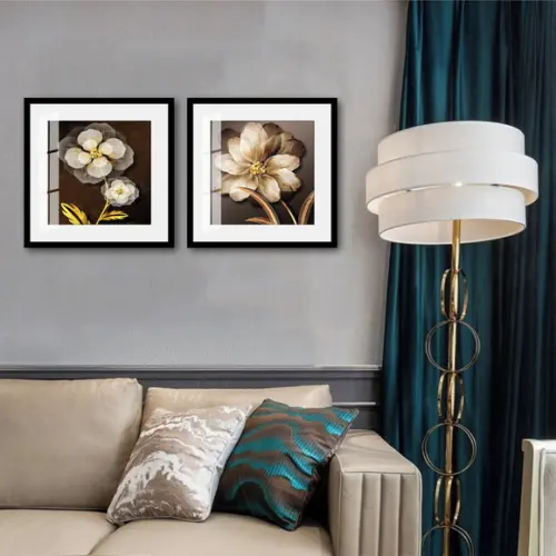 Kit 2 Quadros Decorativos Flores Douradas Sala Vidro Moldura