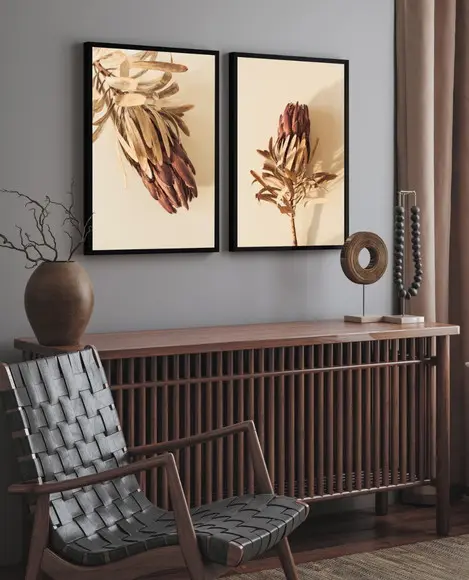 Kit 2 Quadros Decorativos Flores Folhagem Bege com Moldura