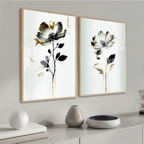 Kit 2 Quadros Decorativos Flores Gold com Moldura e Vidro
