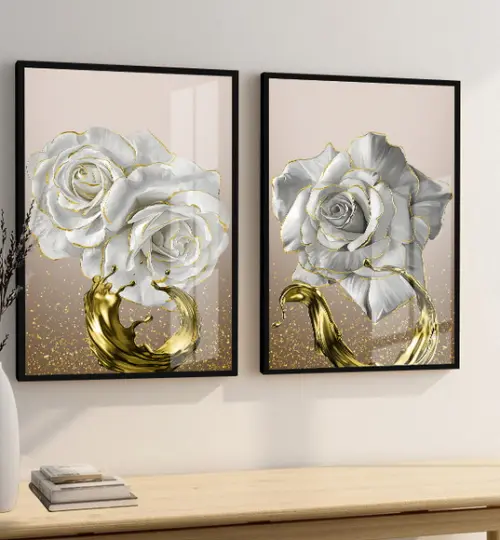 Kit 2 Quadros Decorativos Flores Gold Com Moldura e Vidro