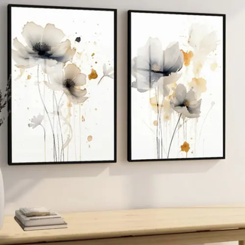 Kit 2 Quadros Decorativos Flores Modernas Luxo Sala Vidro