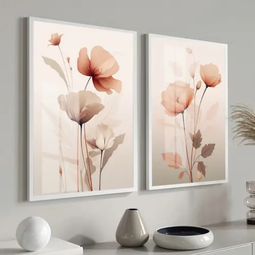 Kit 2 Quadros Decorativos Flores Modernas Moldura e Vidro