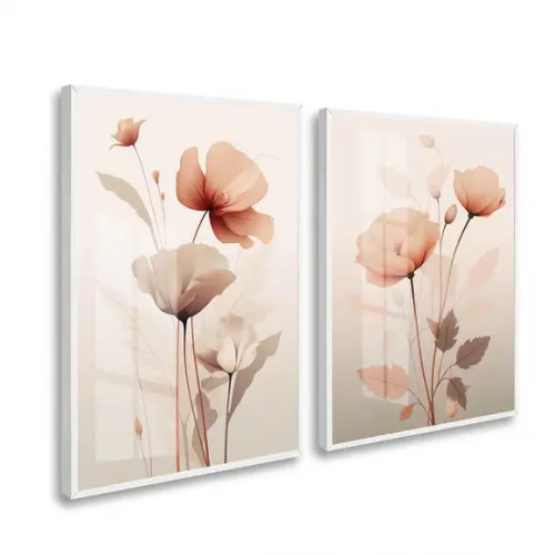 Kit 2 Quadros Decorativos Flores Modernas Moldura e Vidro