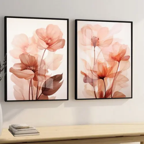 Kit 2 Quadros Decorativos Flores Modernas Moldura e Vidro