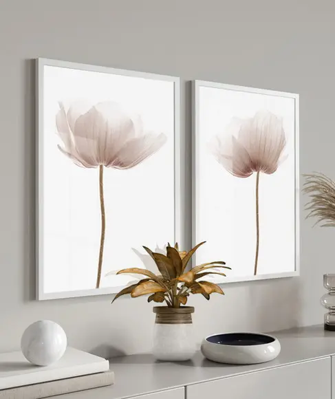 Kit 2 Quadros Decorativos Flores para Sala Moldura e Vidro