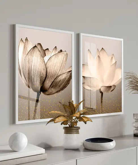 Kit 2 Quadros Decorativos Flores Para Sala Moldura e Vidro